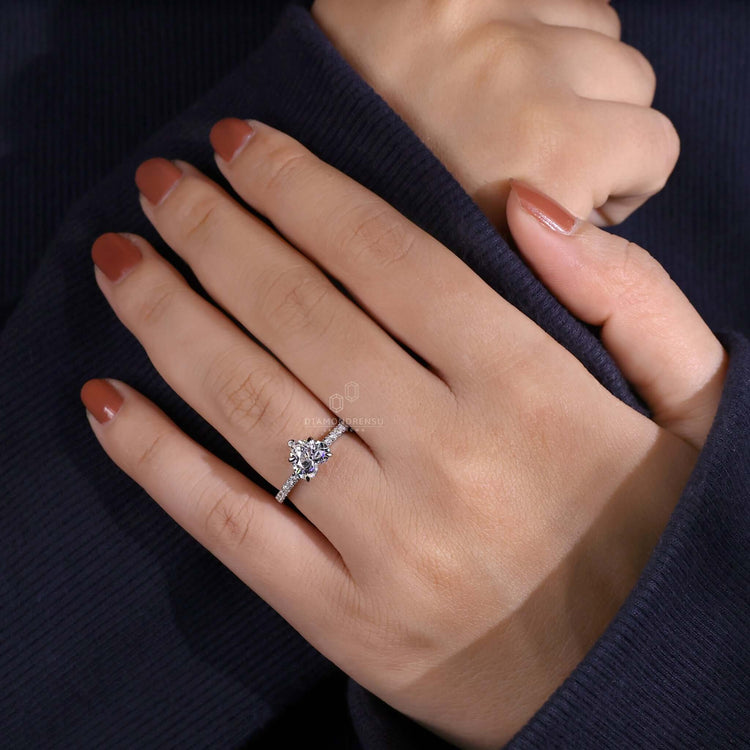 Heart shaped diamond ring featuring a cathedral setting ring and Lab Grown Diamond for eco-conscious elegance.