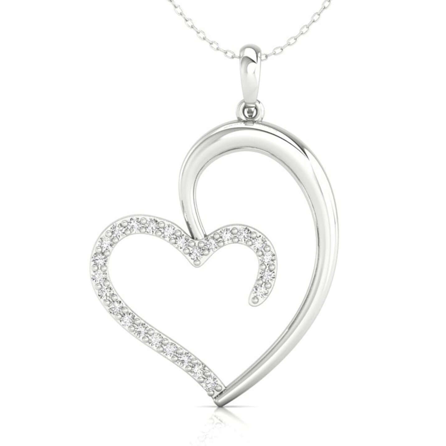 Heart pendant with round cut diamond in shared prong setting.