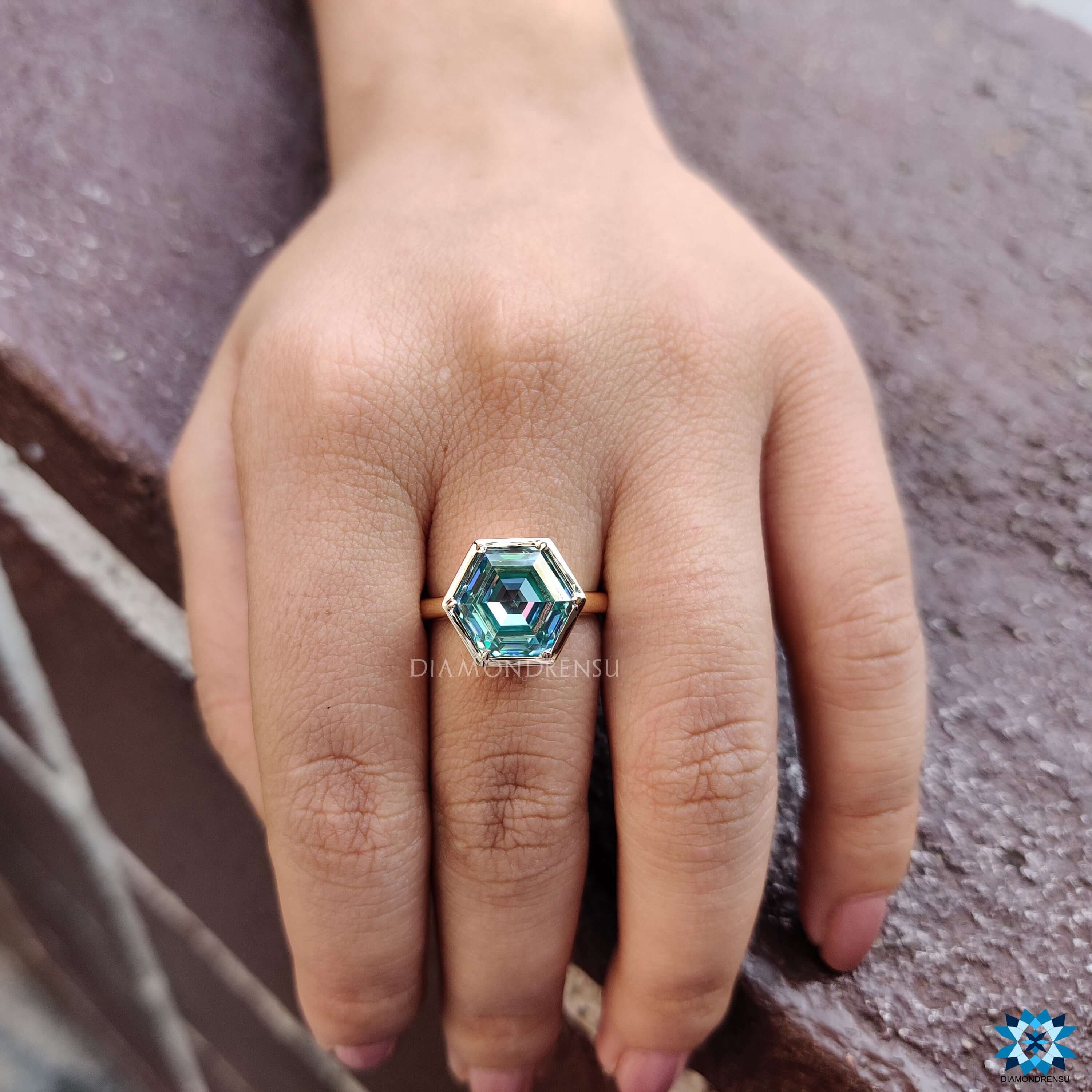 Handmade moissanite solitaire ring in yellow gold with bezel setting.