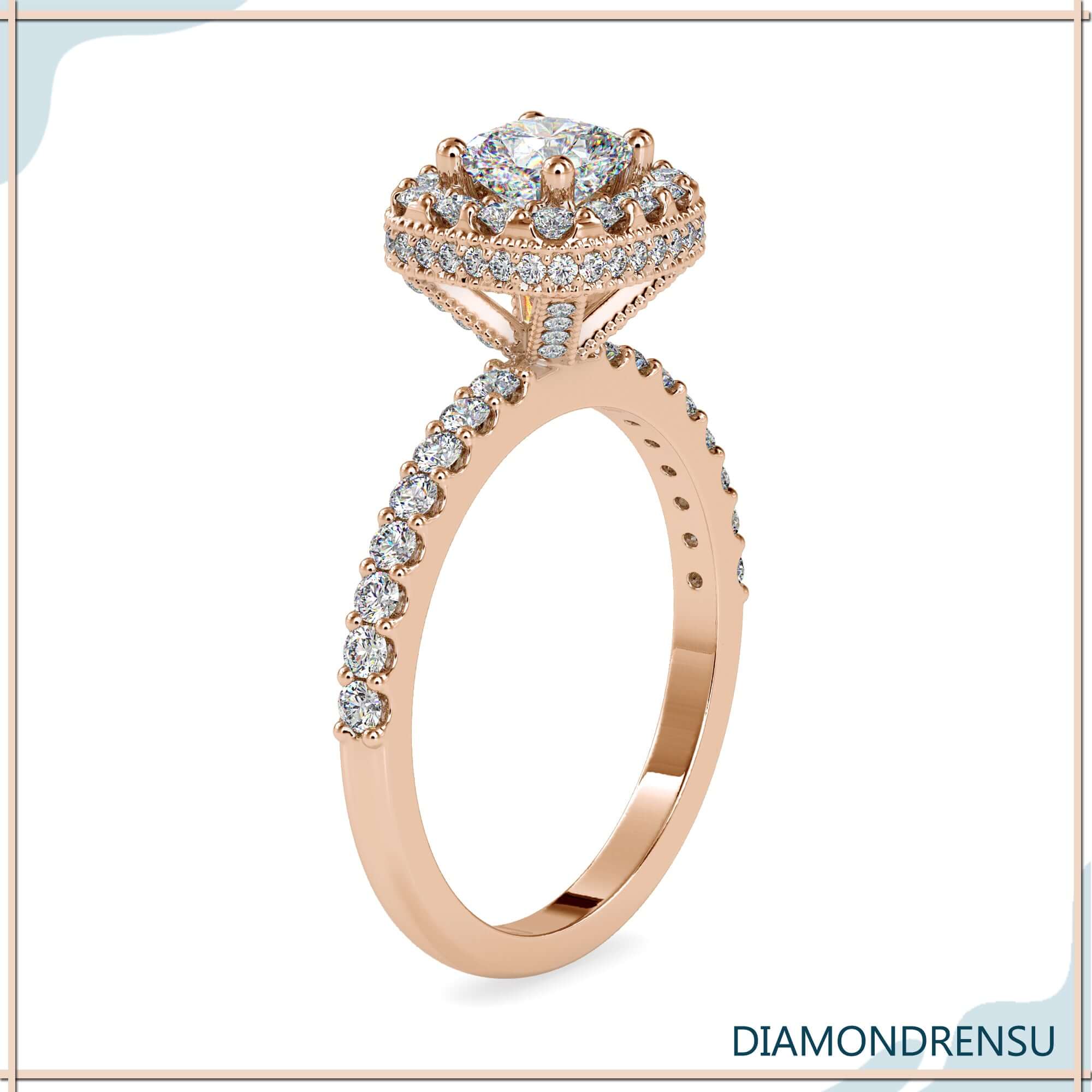 Hidden halo ring with cushion diamond centre and side stones.