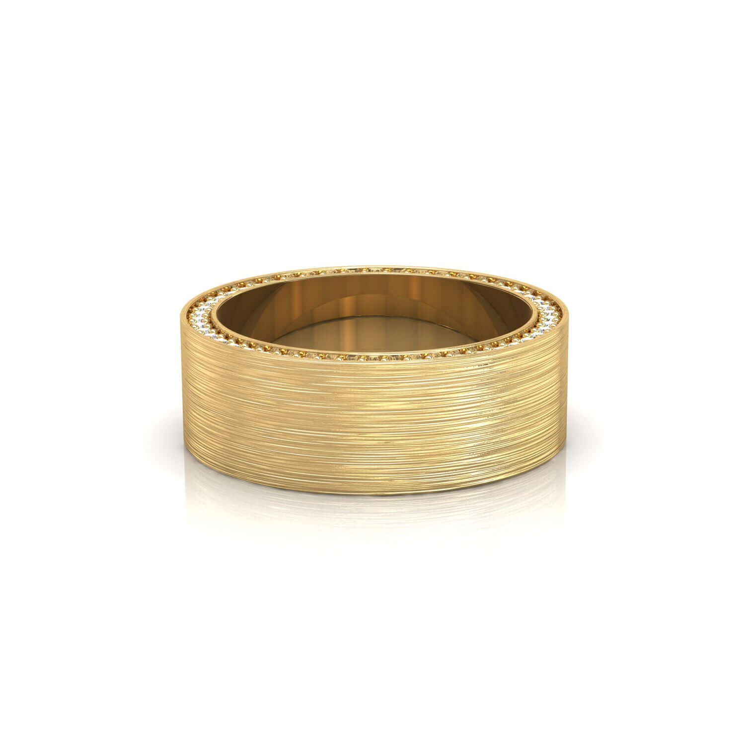 Yellow gold mens wedding band with brushed finish texture.