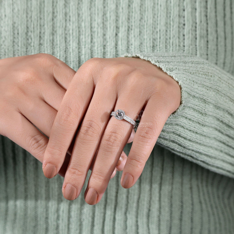 Round diamond engagement ring with a double pave engagement ring.