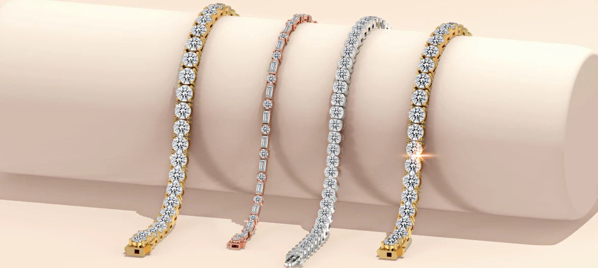 Diamond tennis bracelets in yellow, rose, and white gold settings featuring round and baguette cut diamonds. Diamond tennis bracelets in yellow, rose, and white gold settings featuring round and baguette cut diamonds.