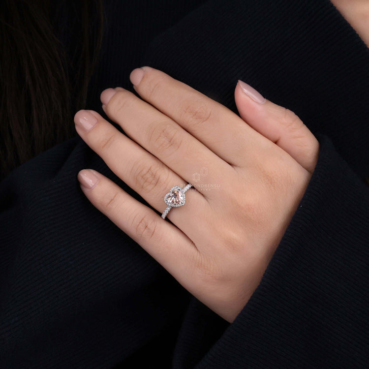 Halo ring featuring a heart shaped diamond centre for a romantic style