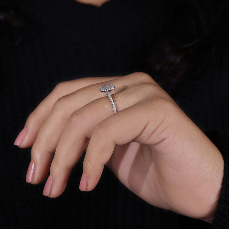 Pave diamond ring in radiant cut with a 4 prong claw setting, perfect as a unique engagement ring for women.