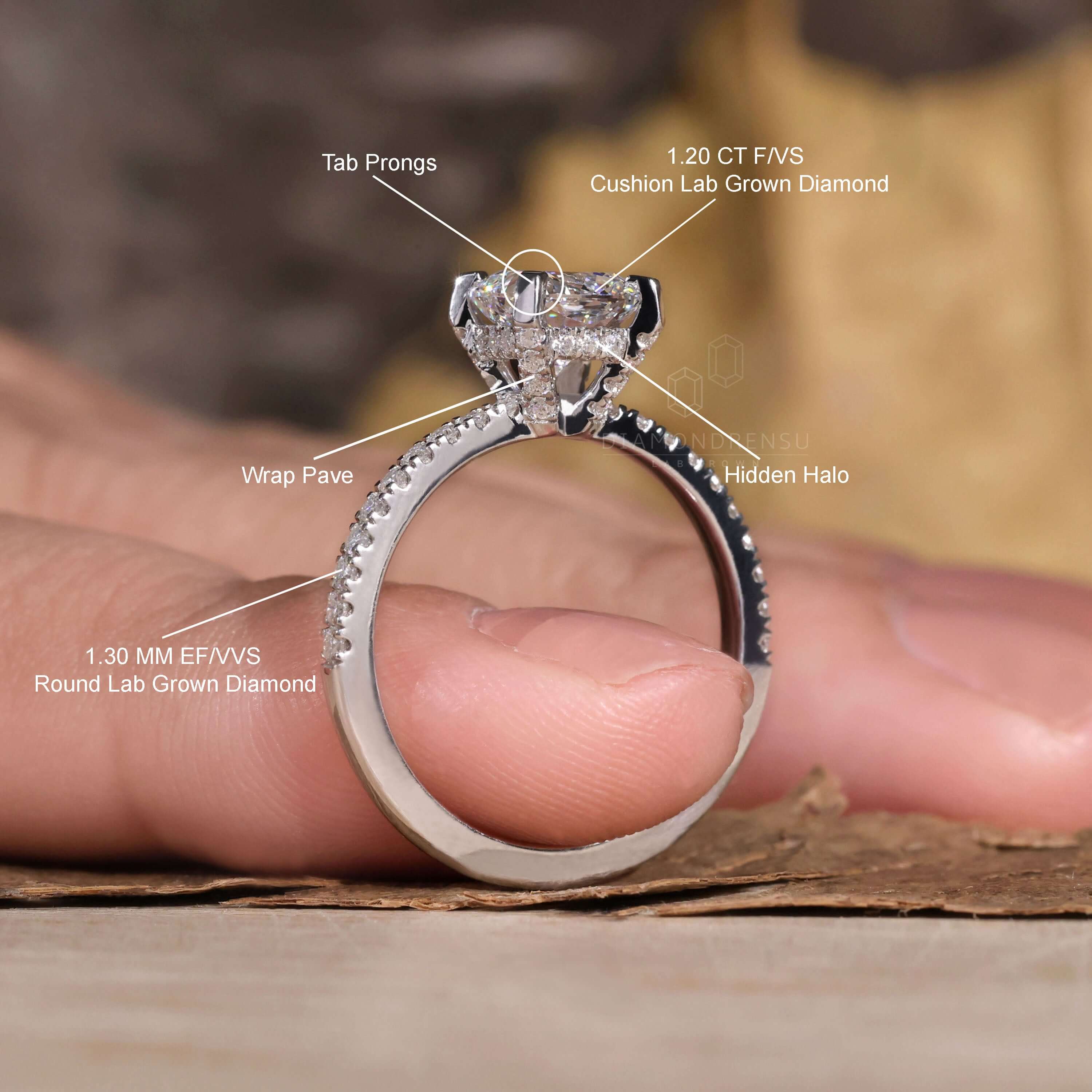 Pave ring diamond design with an elegant IGI certified cushion cut stone.