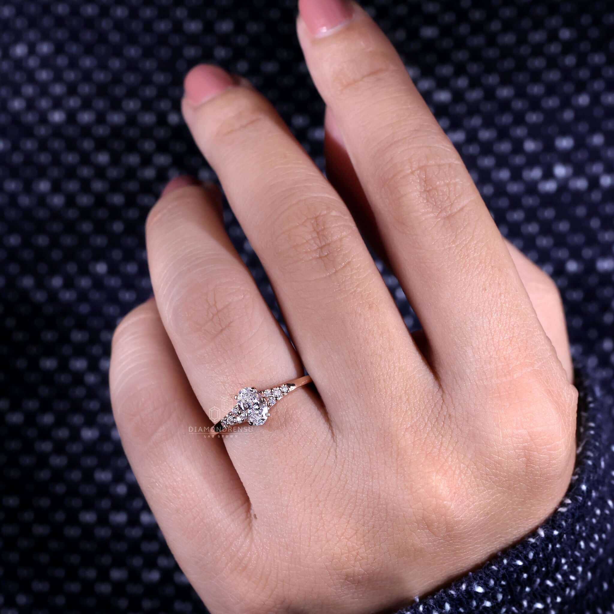 Unique oval shaped engagement ring with flawless details.