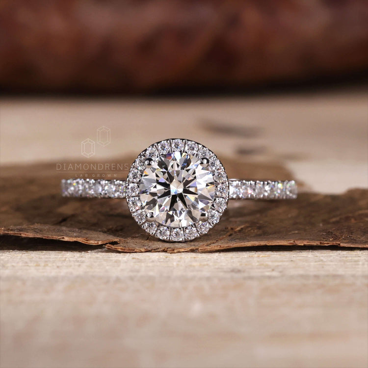 Lab grown diamond set in a halo ring for ethical sophistication