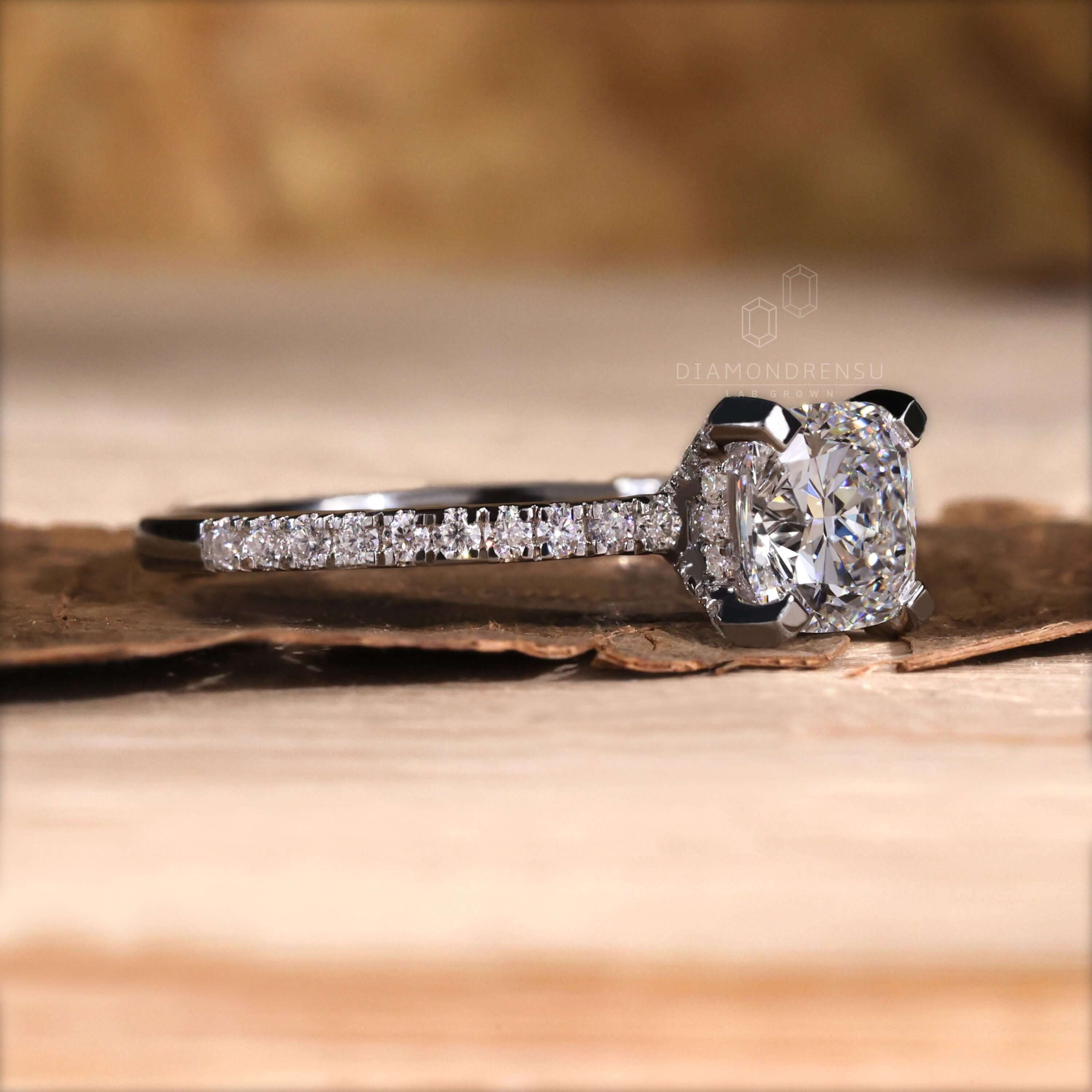 Hidden halo engagement ring with lab-grown diamond, perfect for proposals.