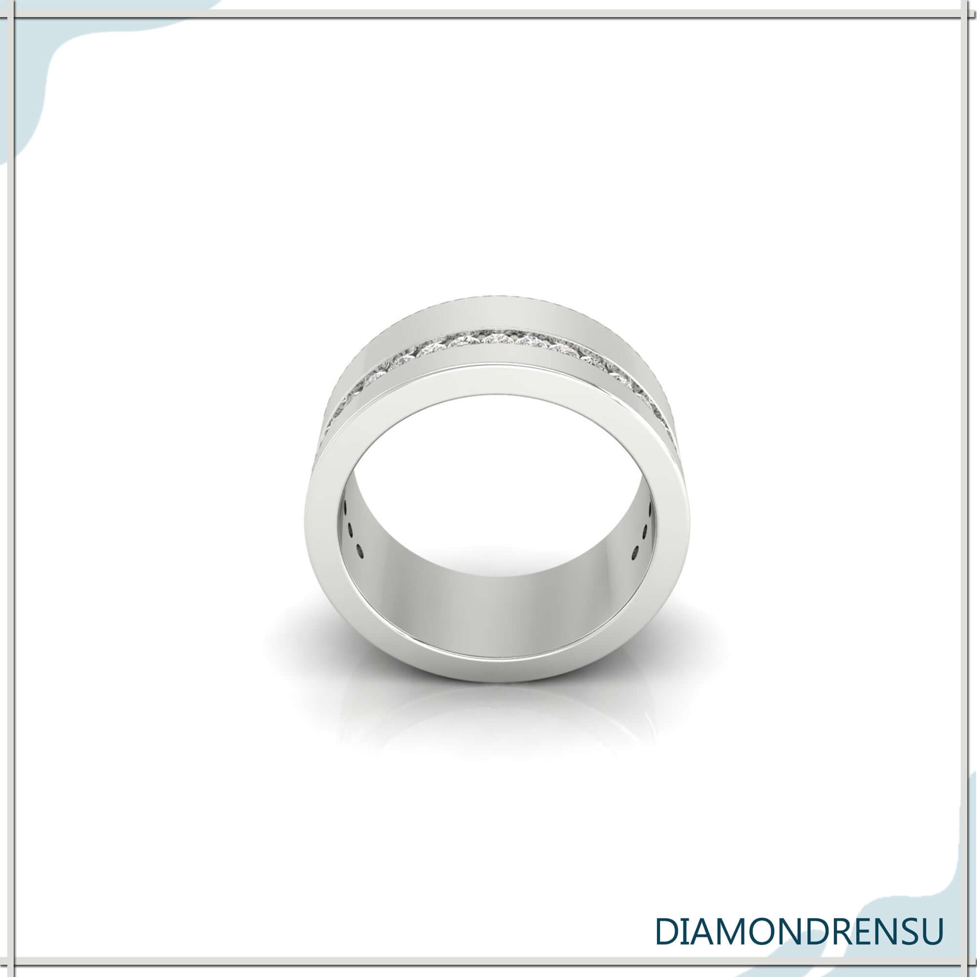 Rose gold thick diamond wedding band with channel wedding band design.