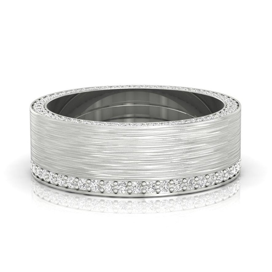 Mens pave wedding band in white gold with brushed finish band.
