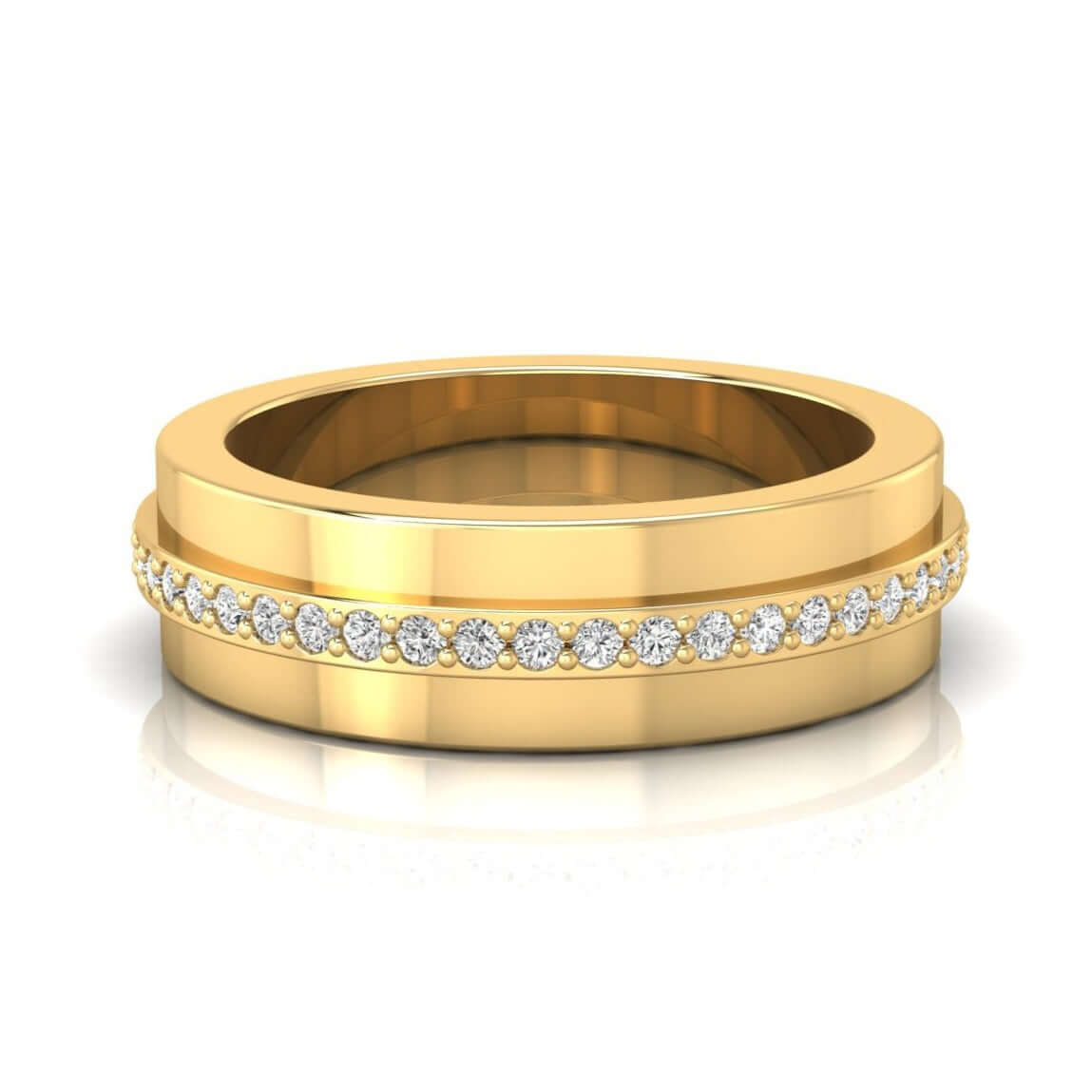 Mens gold wedding band with round cut lab grown diamonds.