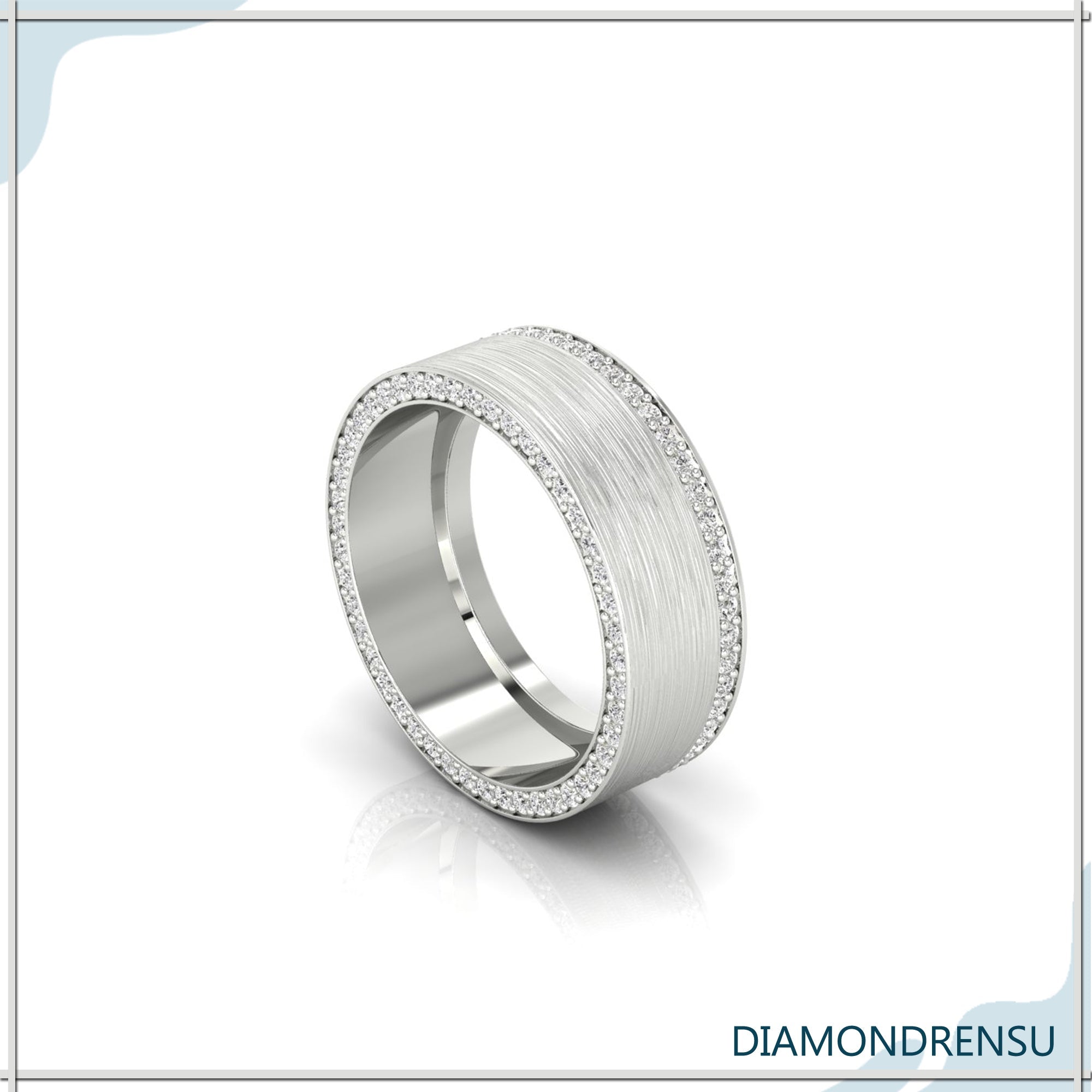 Round cut diamond in shared prong setting eternity wedding band.