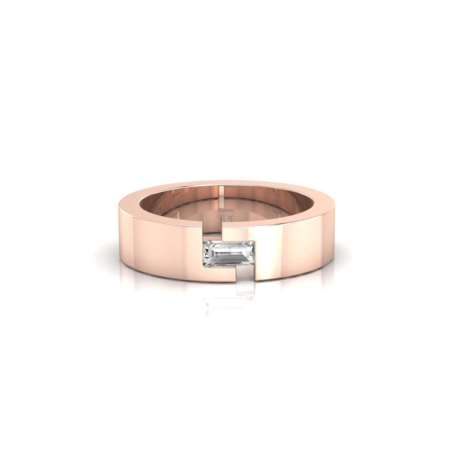 Baguette diamond men's wedding band with lab grown diamond in yellow gold.