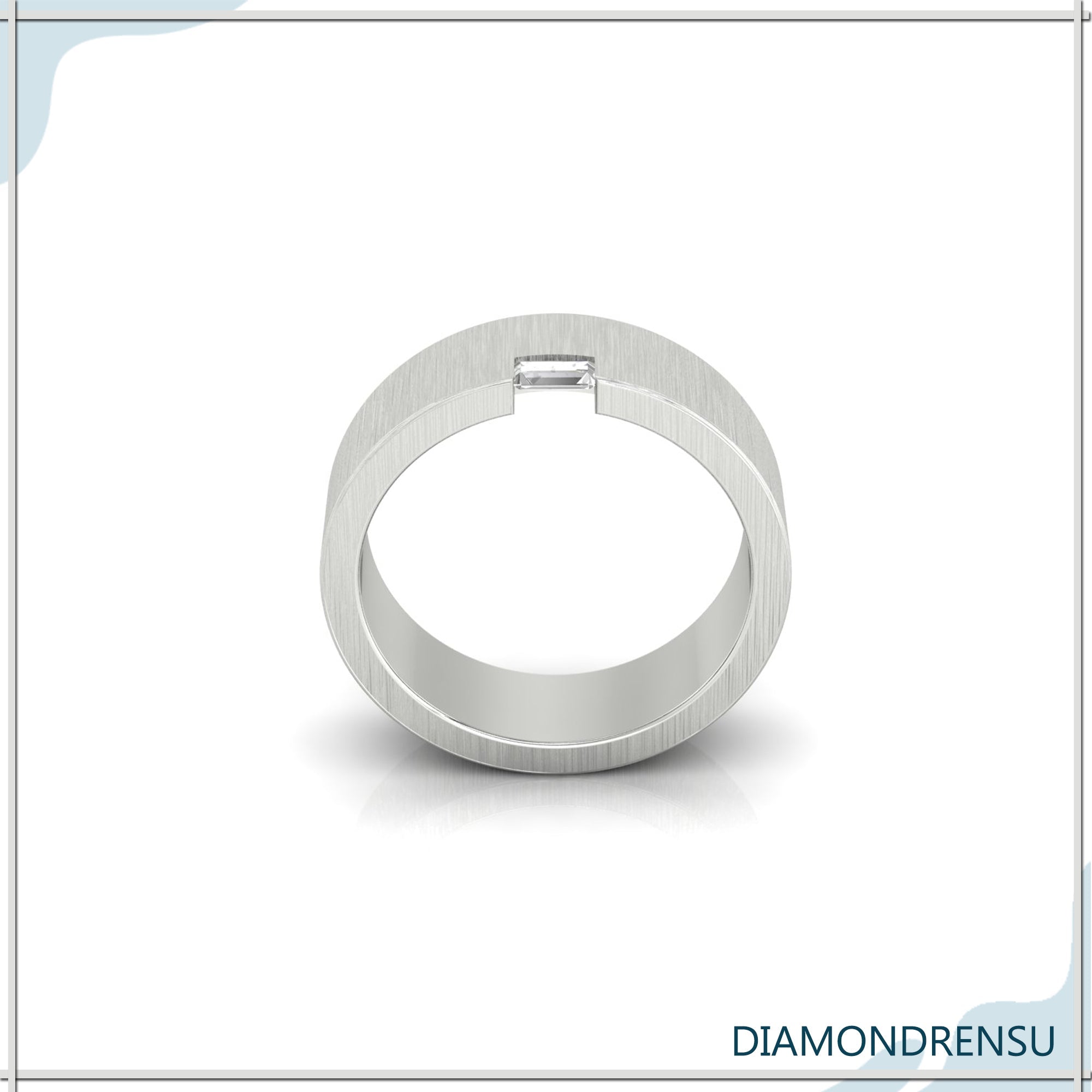 Mens wedding band with single baguette diamond and brushed finish.