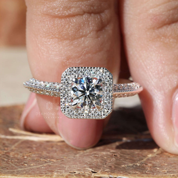 Radiant round halo diamond ring with intricate craftsmanship.