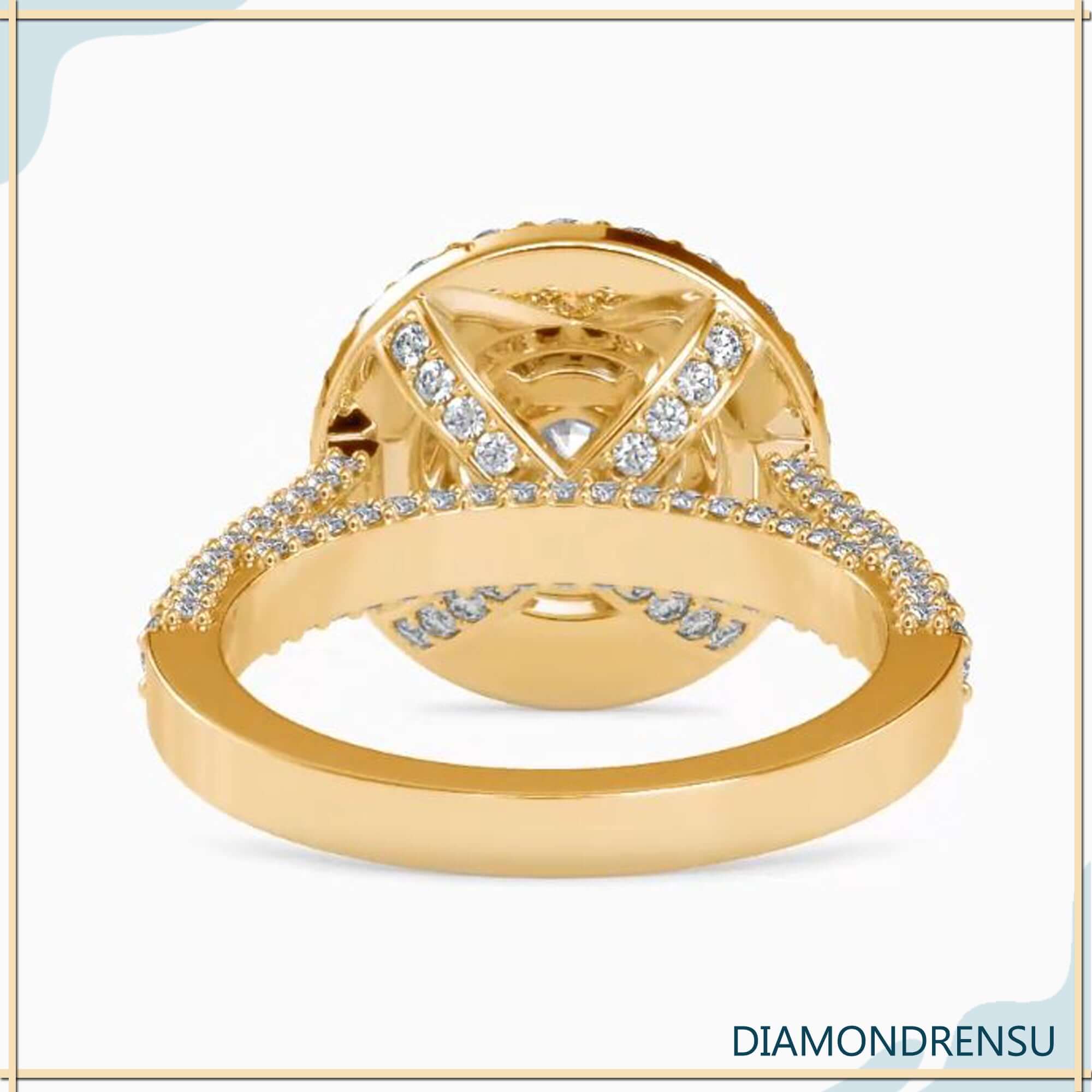 Rose gold engagement ring with round pave halo design.