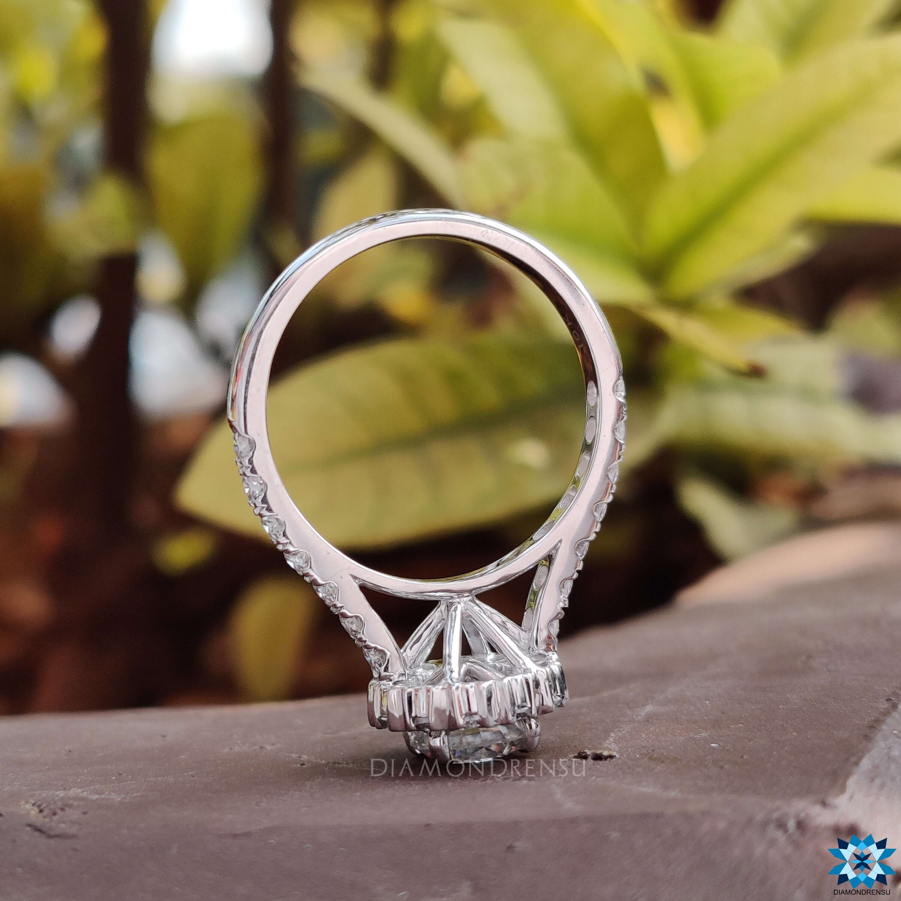 White gold moissanite ring with a radiant and luxurious finish.