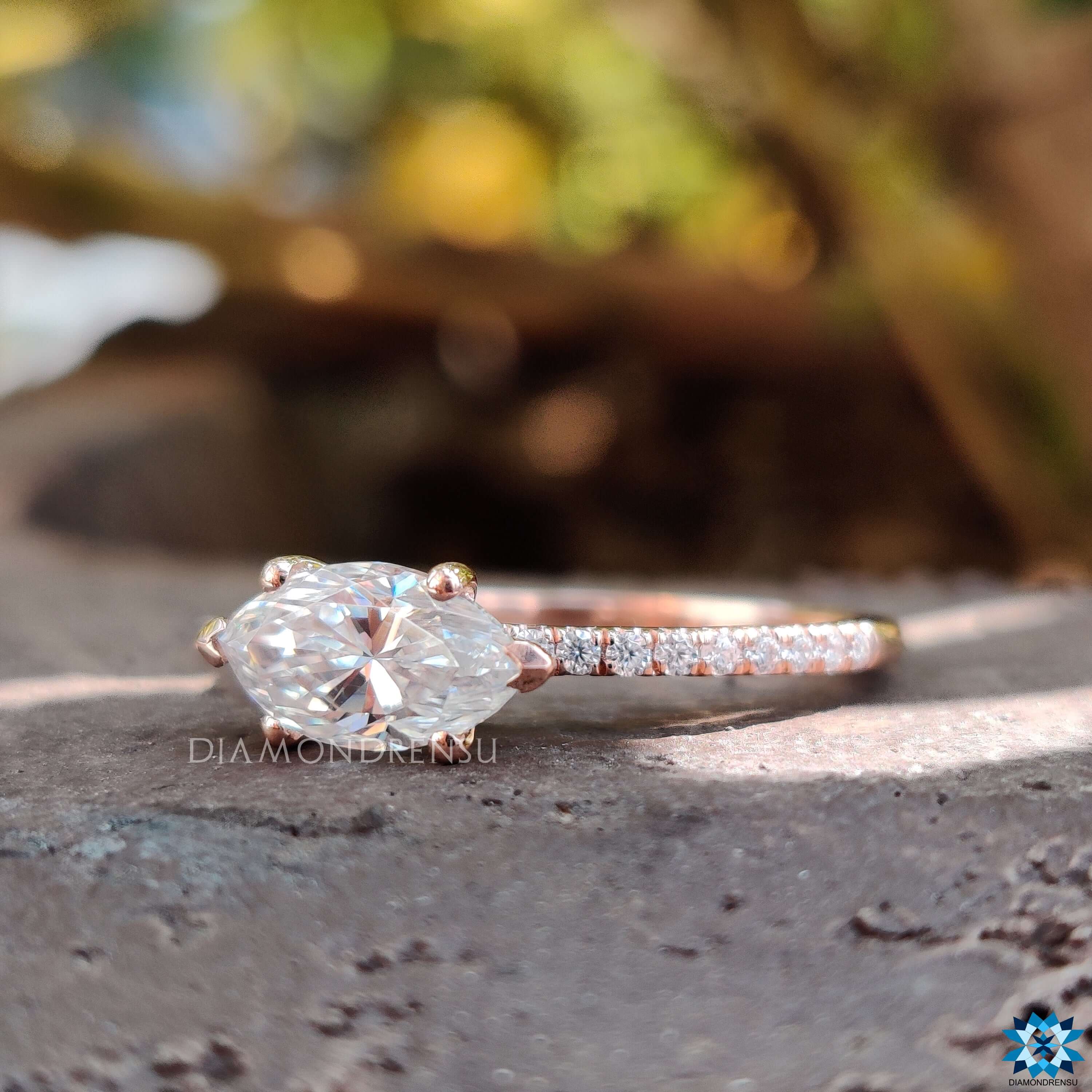 Handmade east west marquise ring in rose gold.