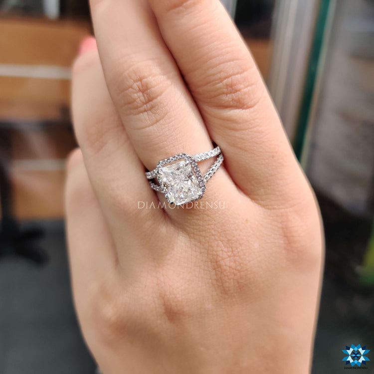 Radiant engagement ring with a handcrafted design.