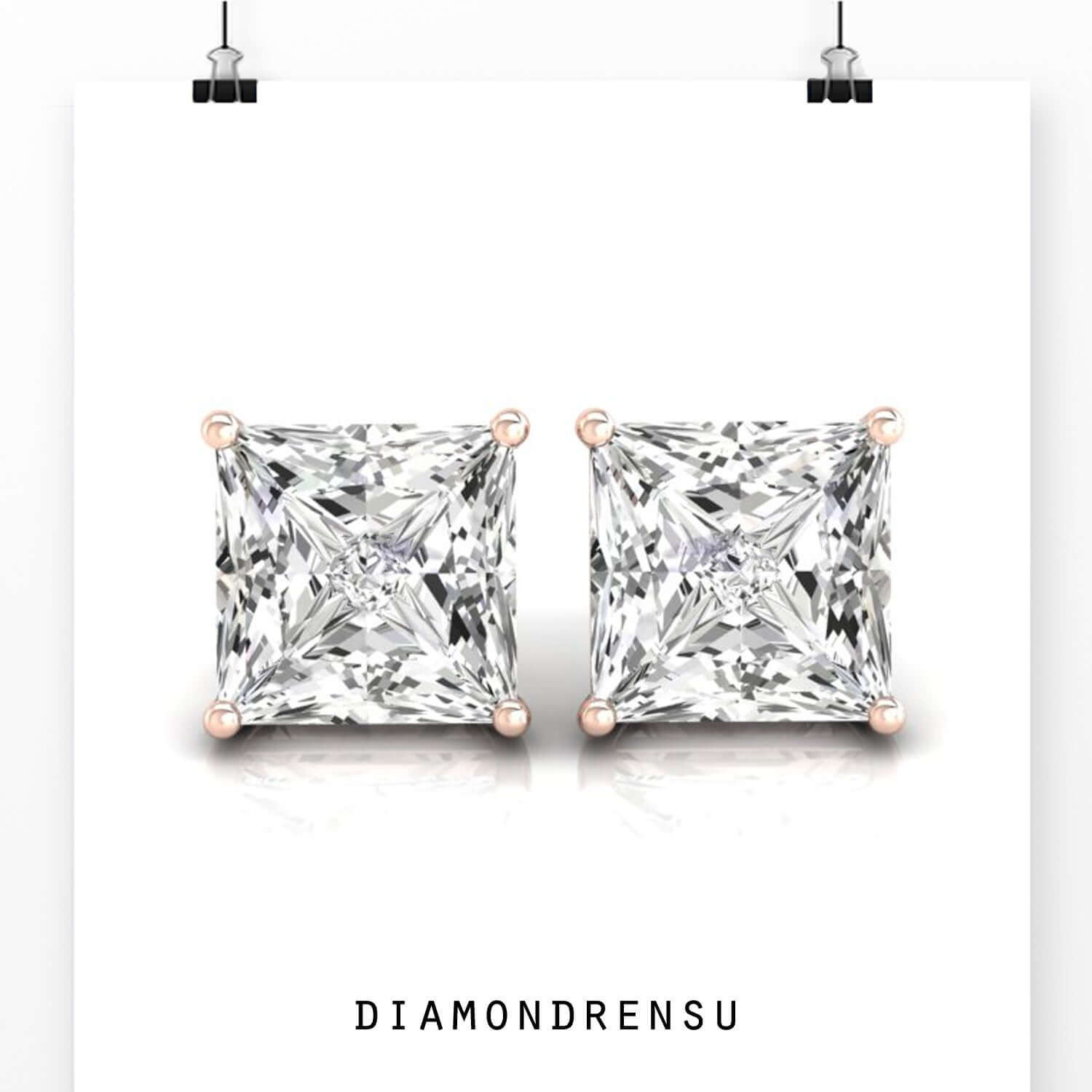 Rose gold princess cut diamond stud earrings with secure prong setting.