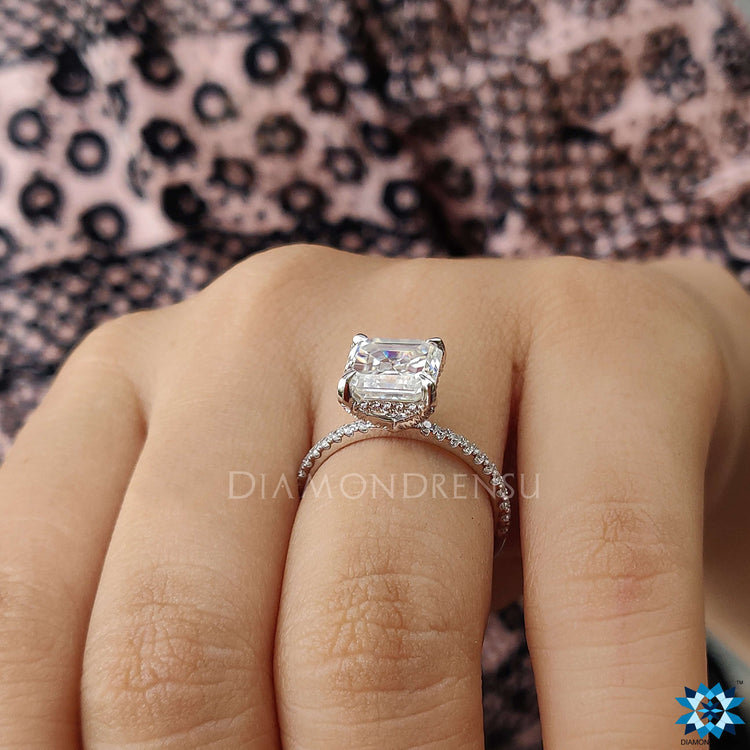 Buy engagement ring with Asscher cut Moissanite and elegant pave setting.