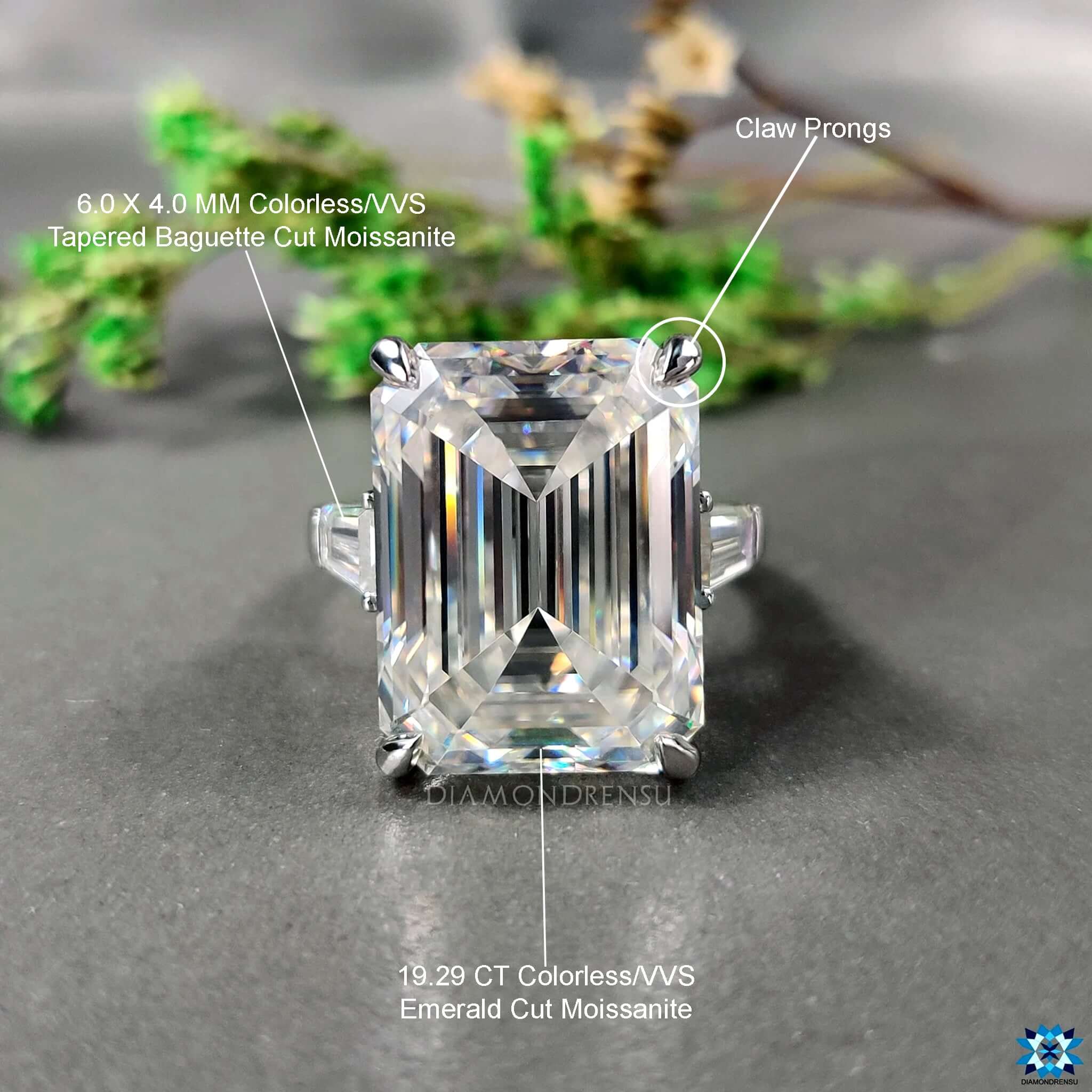 Buy moissanite ring with tapered baguette accents.