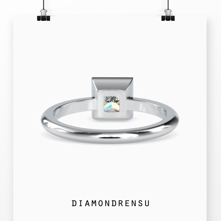 Lab grown diamond engagement ring with bezel solitaire in rose gold.