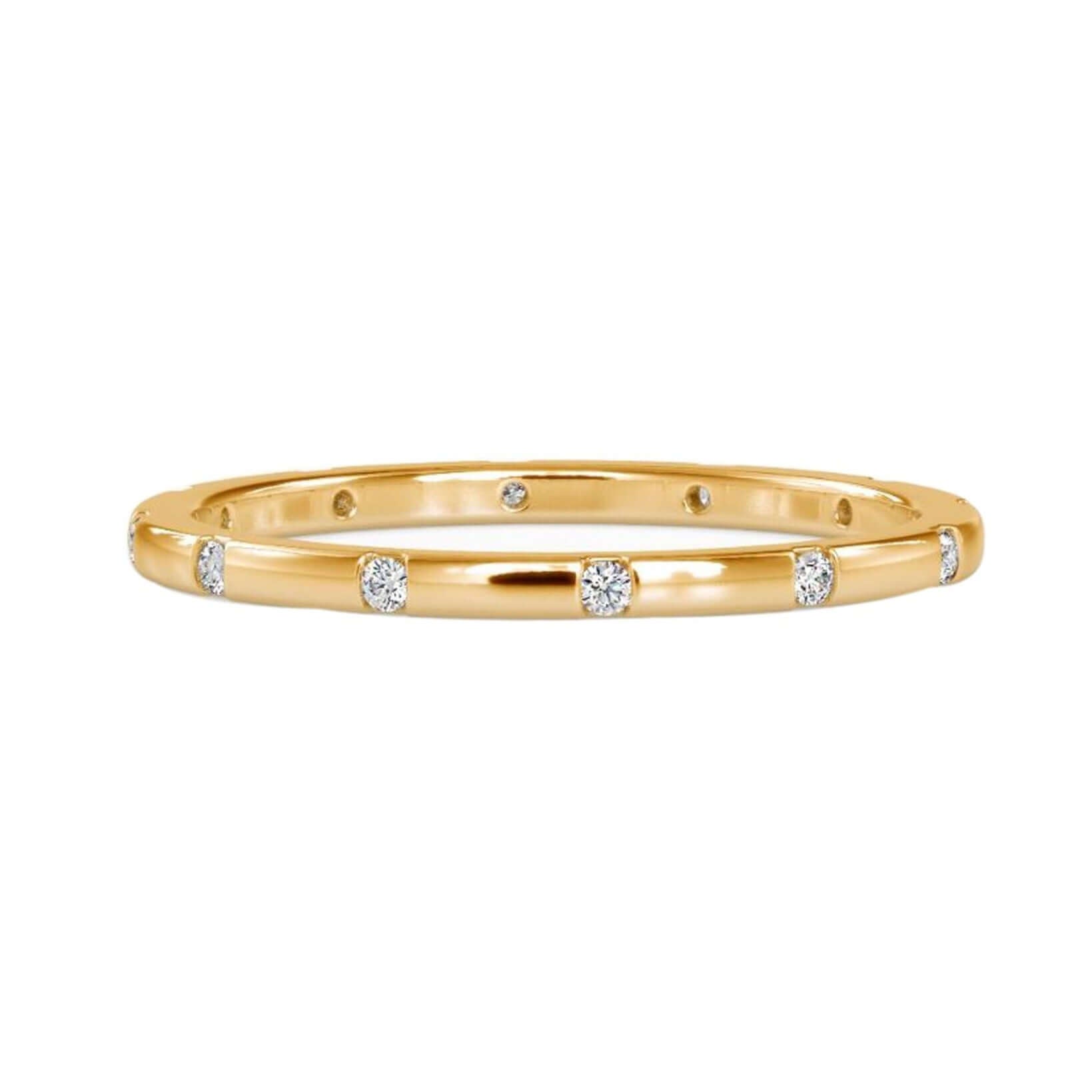 Eternity wedding ring with round cut lab grown diamonds.