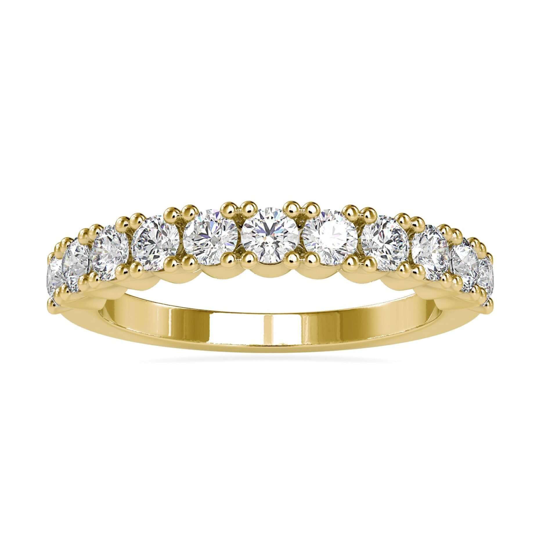 Gold half eternity band with shared prong round diamonds.