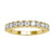 Gold half eternity band with shared prong round diamonds.
 Gold half eternity band with shared prong round diamonds.