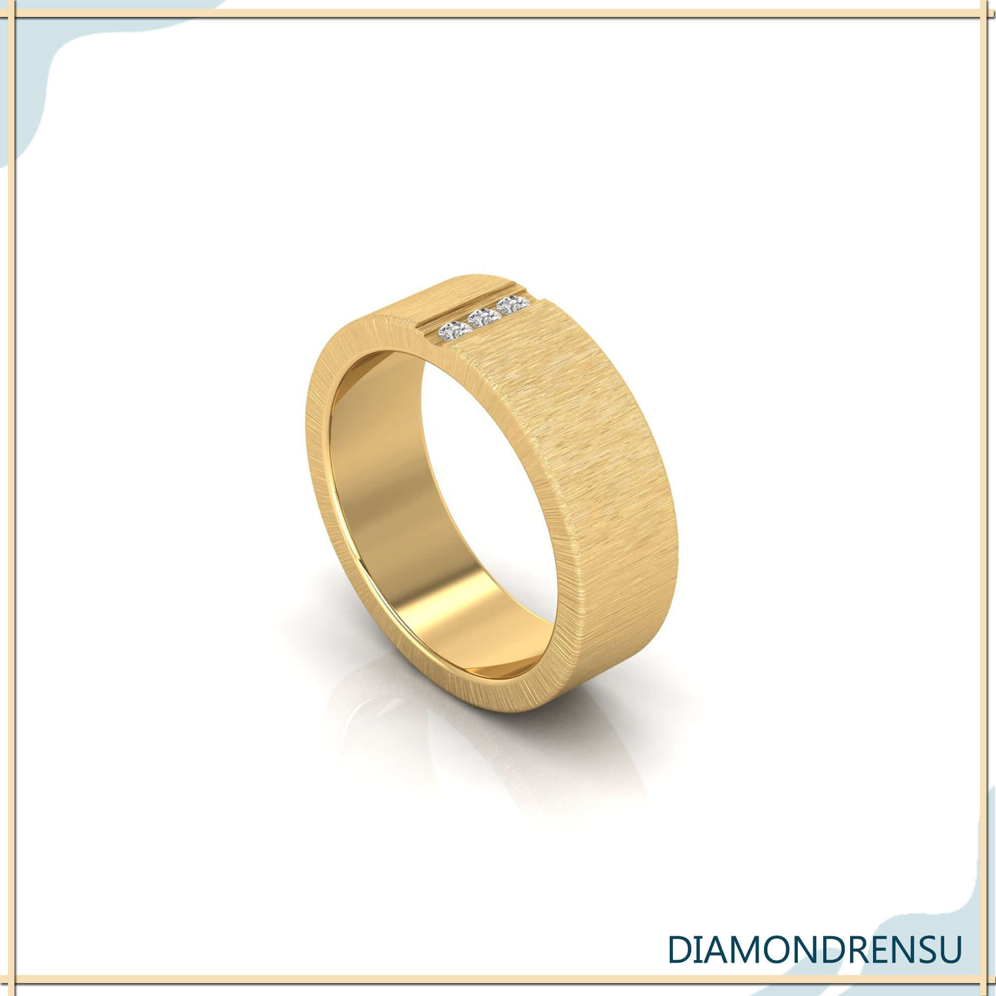 Wedding band ring for men with three stone diamond wedding band detail.