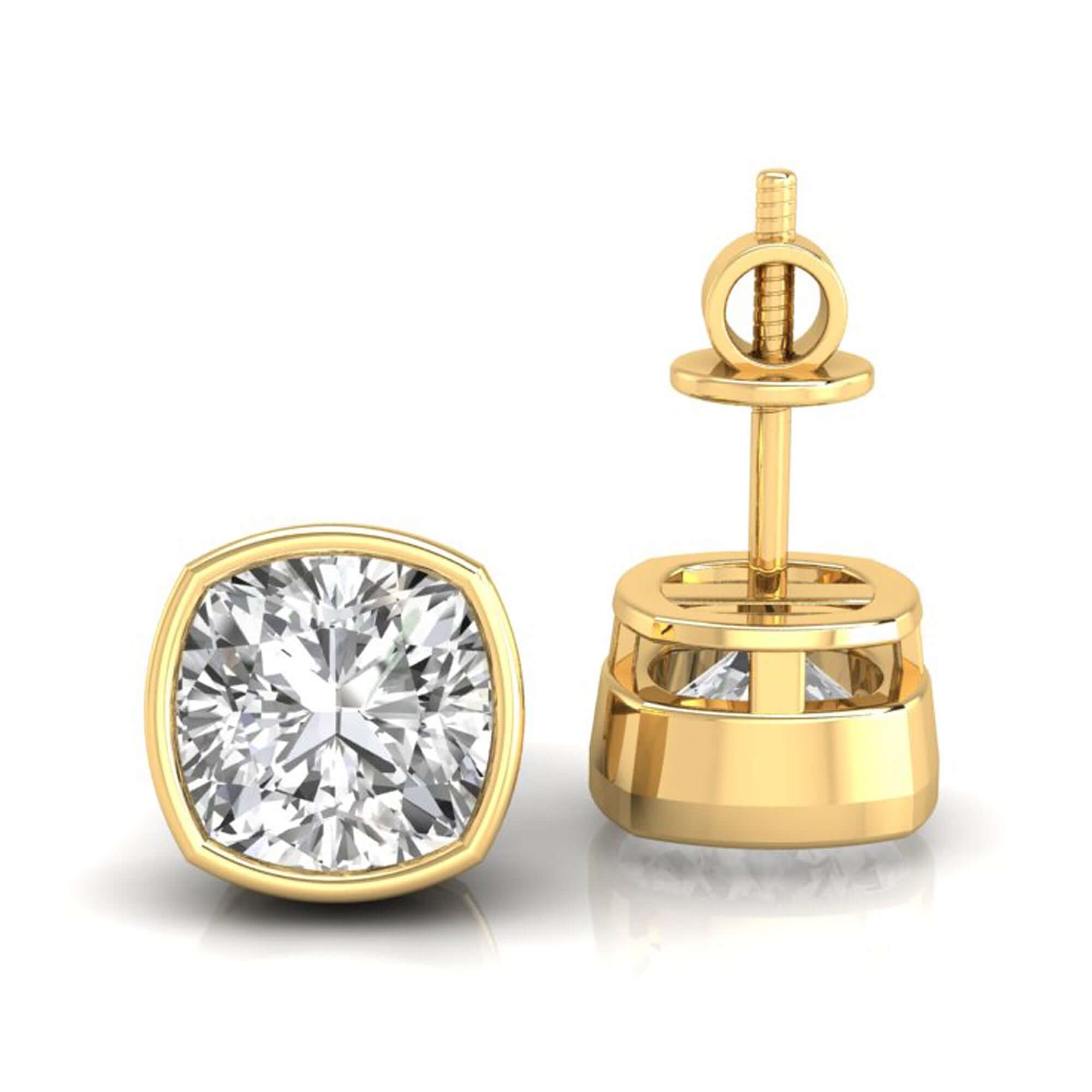 Gold stud earrings with cushion cut centre stones.