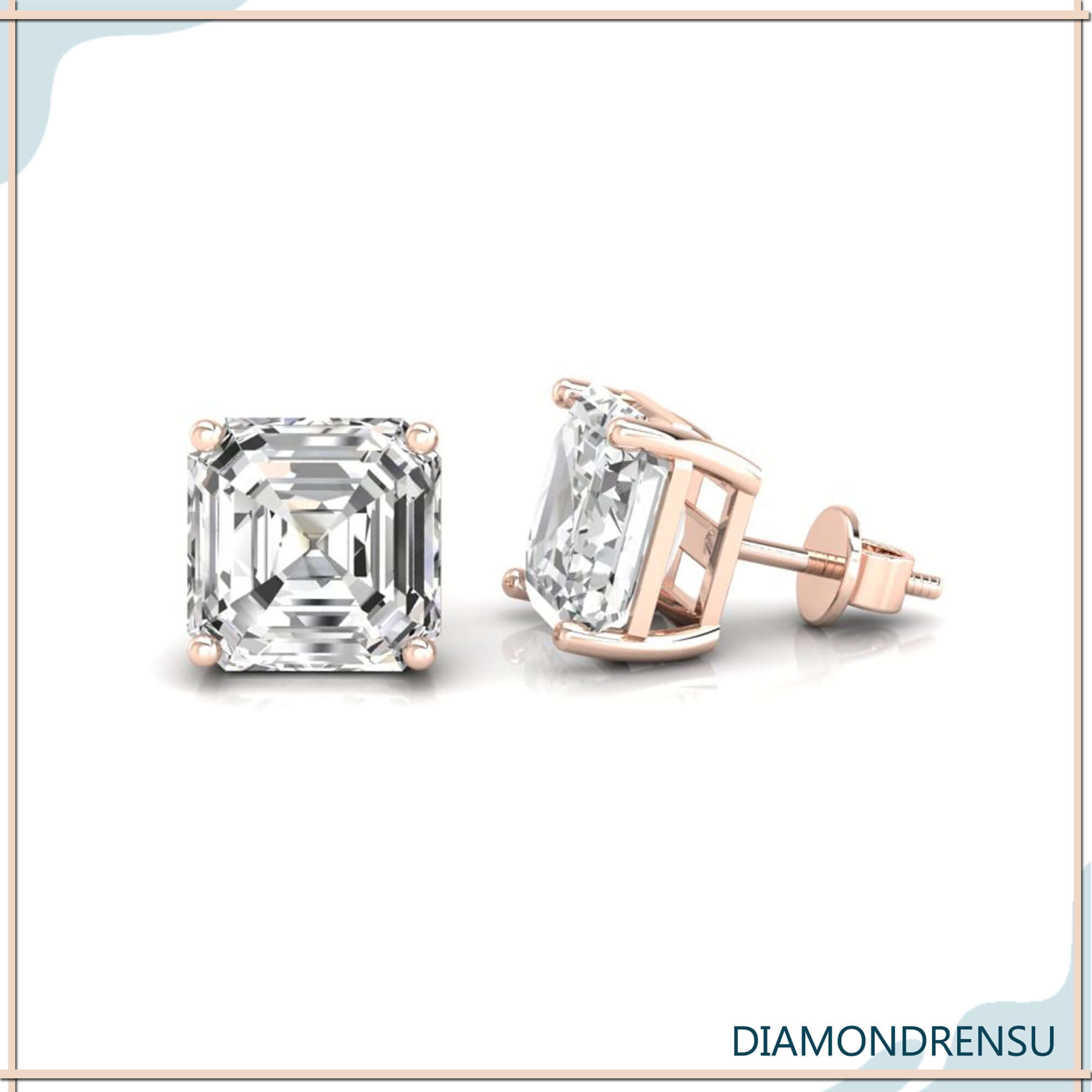 Rose gold asscher cut earrings with 4 prong setting.