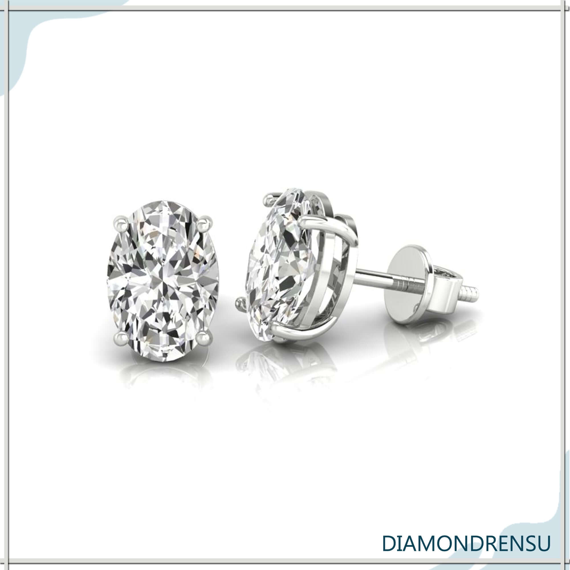 Secure screw back gold stud earrings with oval cut diamonds.