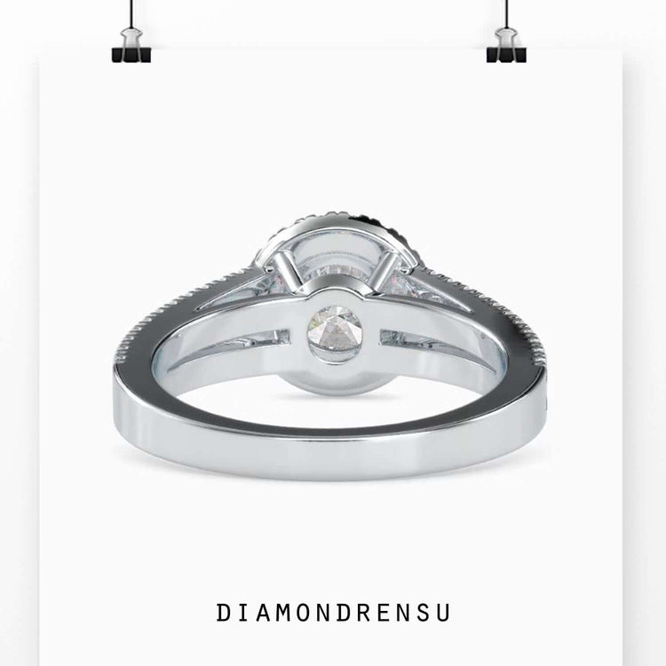 IGI certified round cut lab grown diamond halo ring.