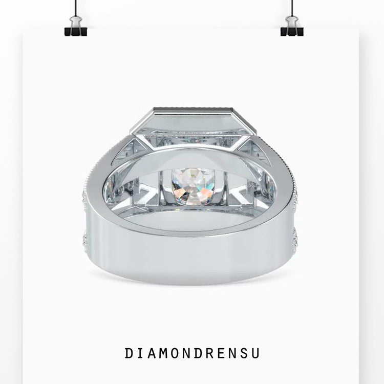 Lab grown diamond engagement ring with split shank pave band.