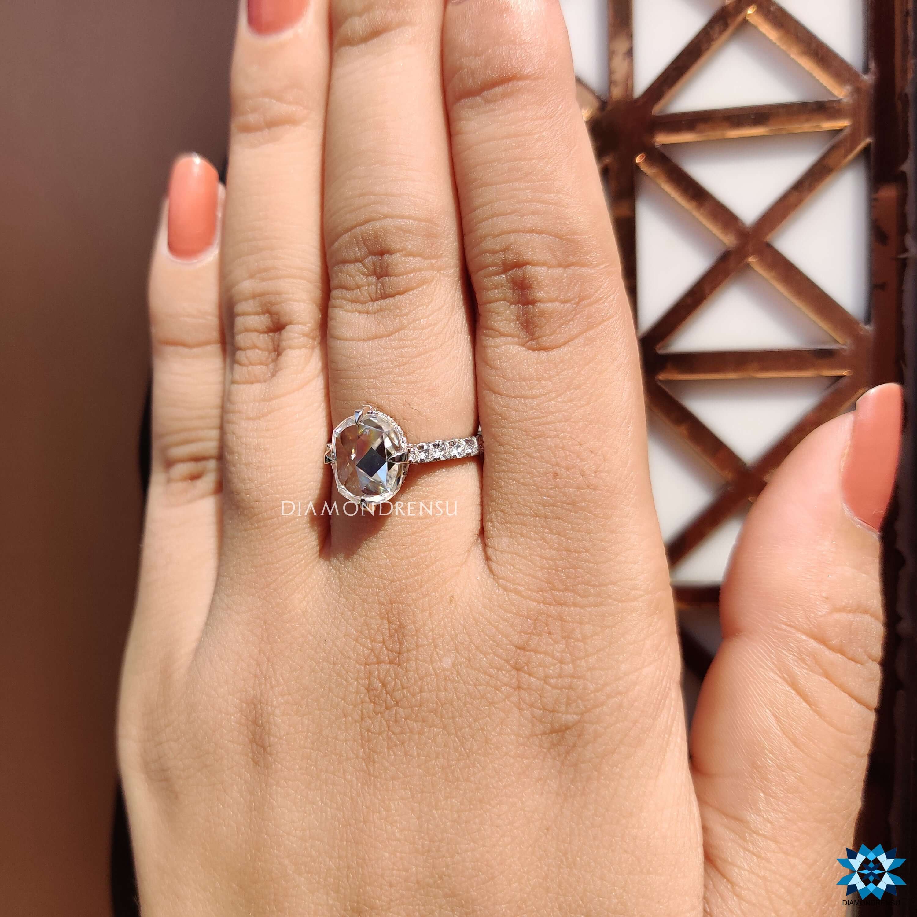 Diamondrensu UK cushion moissanite hidden halo engagement ring.