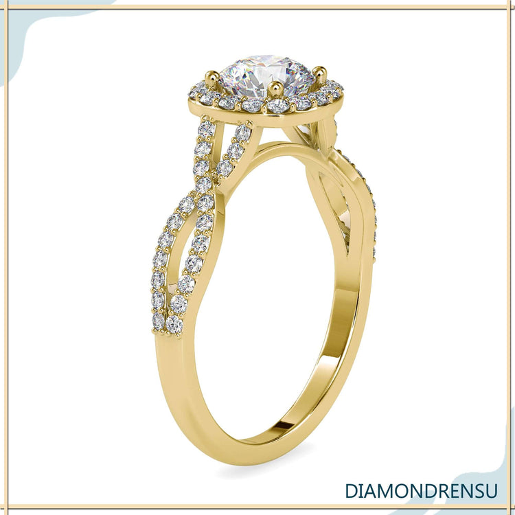 IGI certified engagement ring with twisted band and round cut stone.