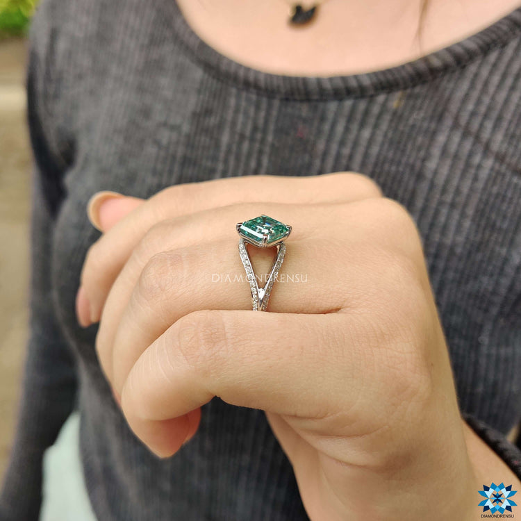 Buy moissanite ring with Asscher cut and split shank.