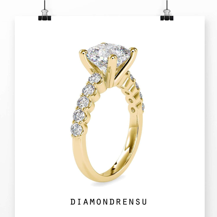 Rose gold engagement ring with round cut pave band.