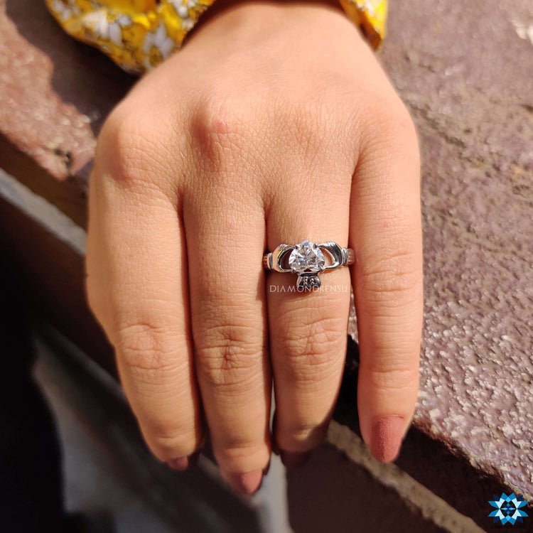 Buy moissanite ring with white gold Claddagh style.
