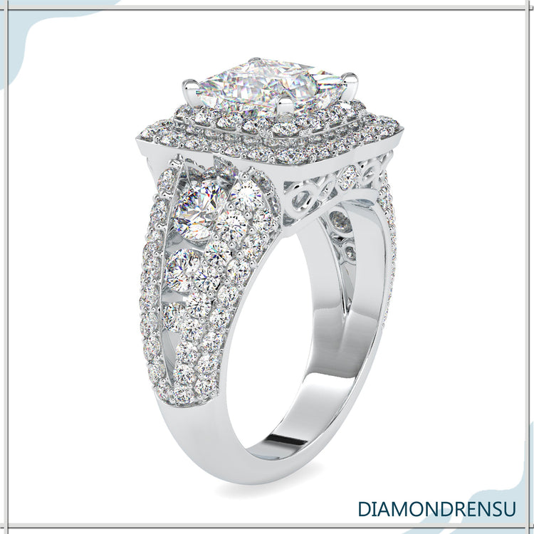 Lab grown diamond halo ring in yellow gold.