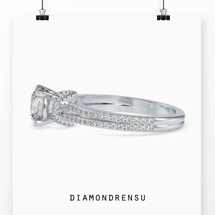 Buy diamond ring in UK with custom split shank style.