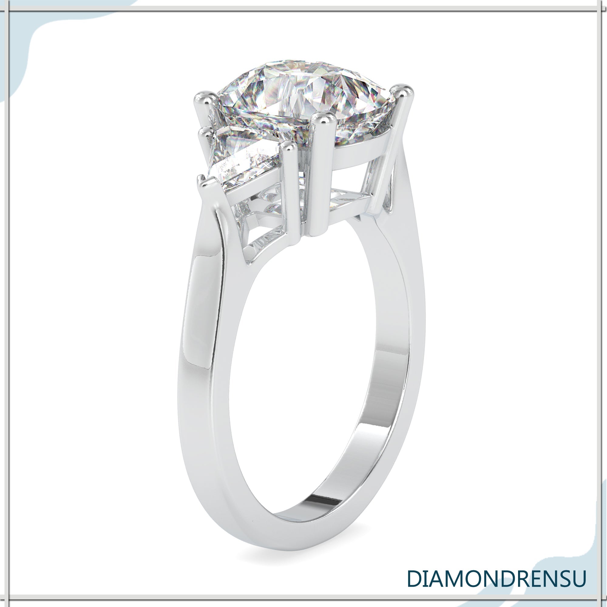 Cushion cut engagement ring with four prong setting in rose gold.