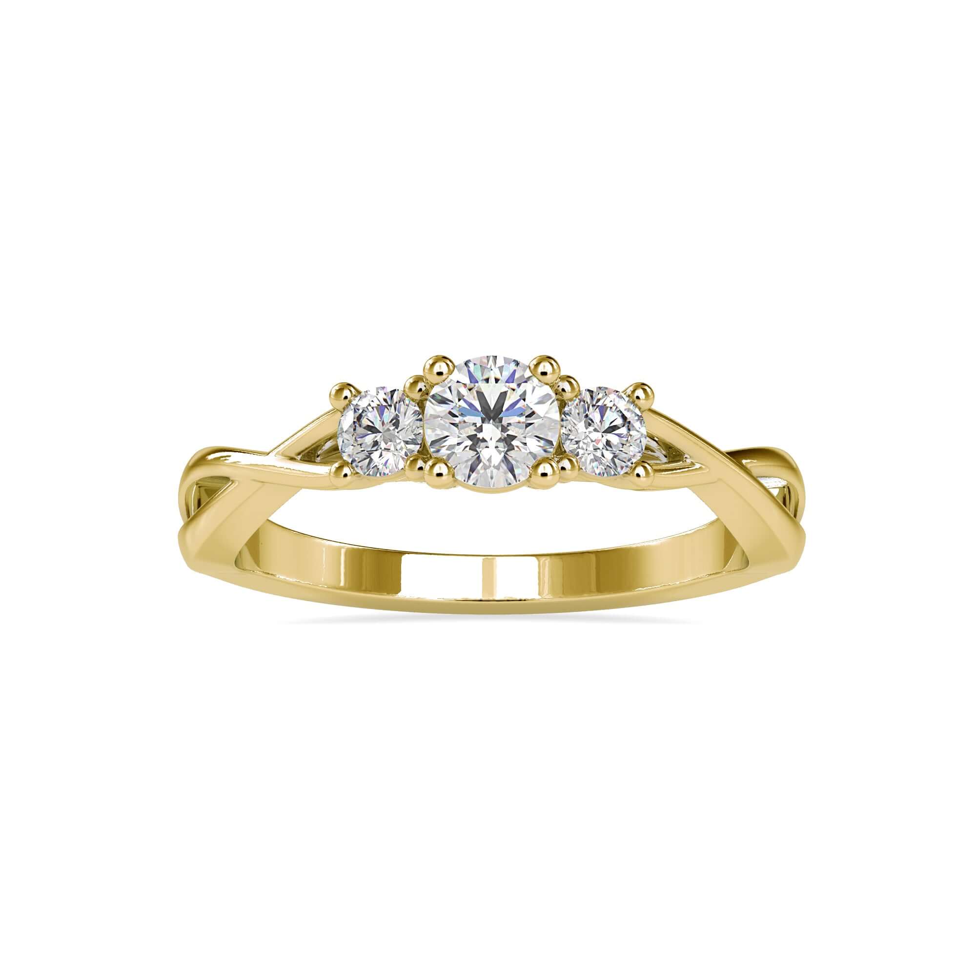 White gold ring with round prong setting and twisted infinity shape.