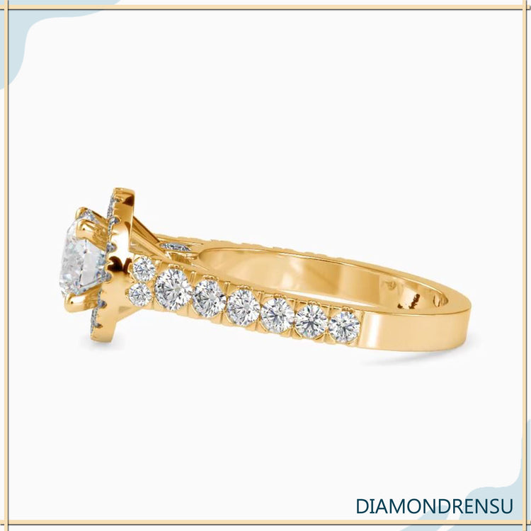 Buy engagement ring with round cut and pave halo.
