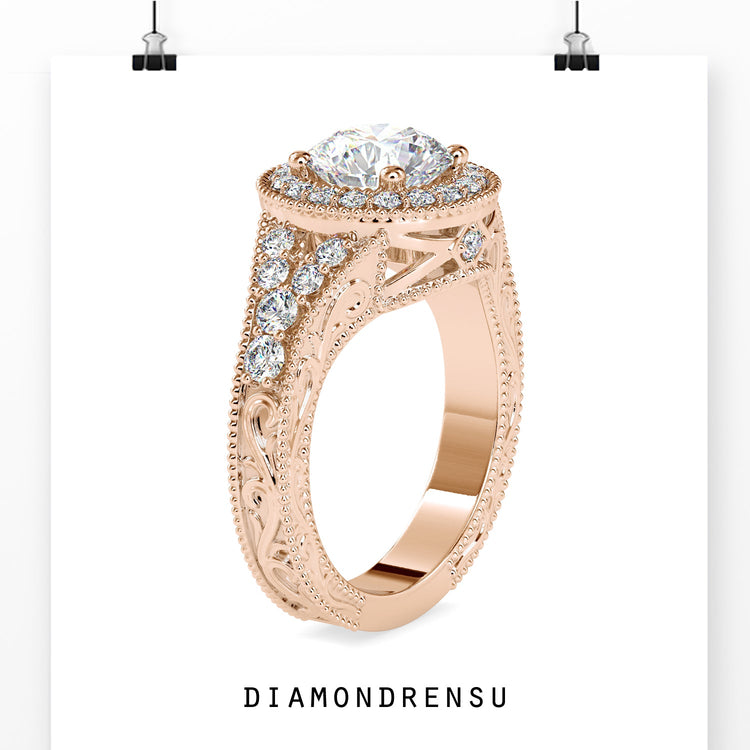 Yellow gold engagement ring with filigree details.