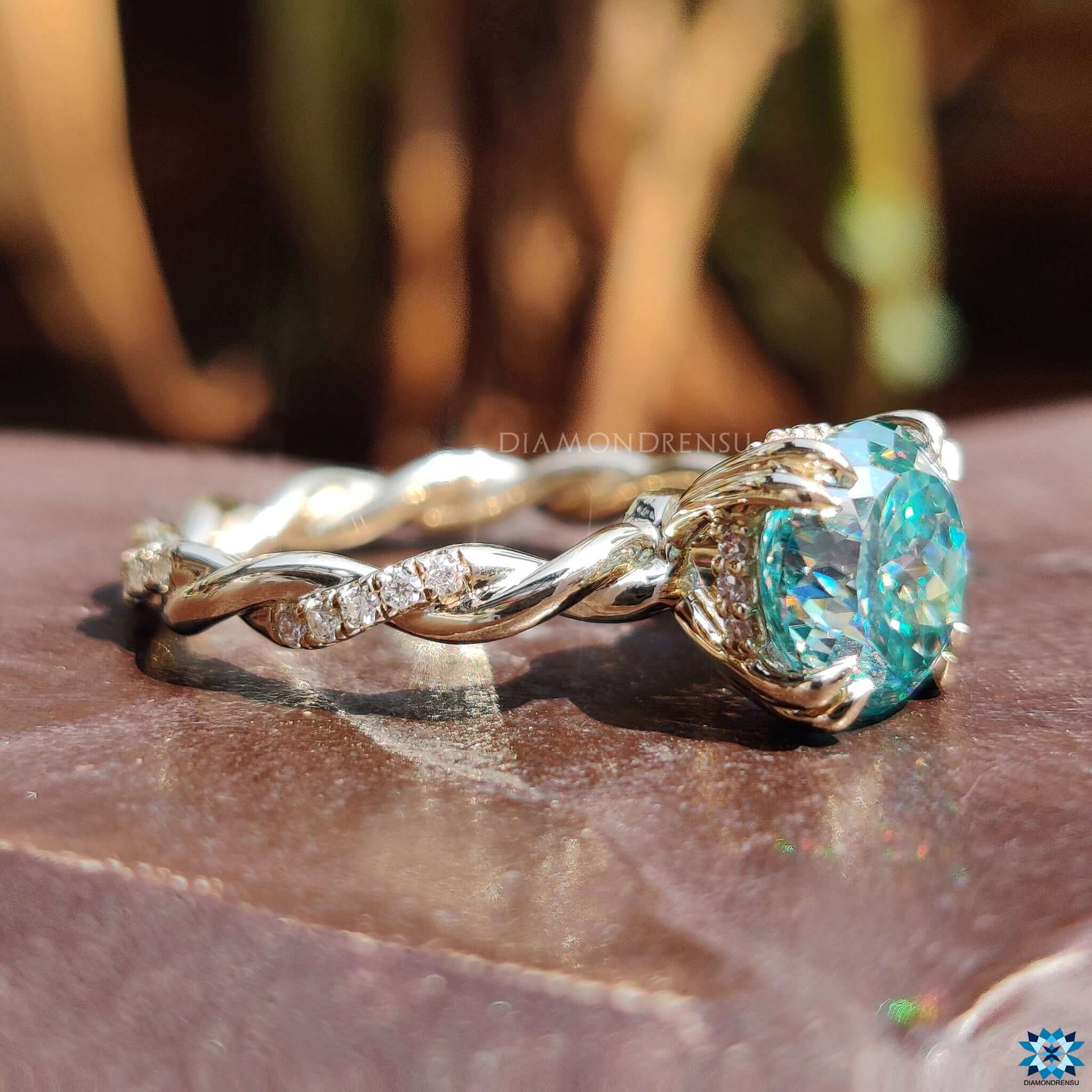 Yellow gold Portuguese moissanite ring.