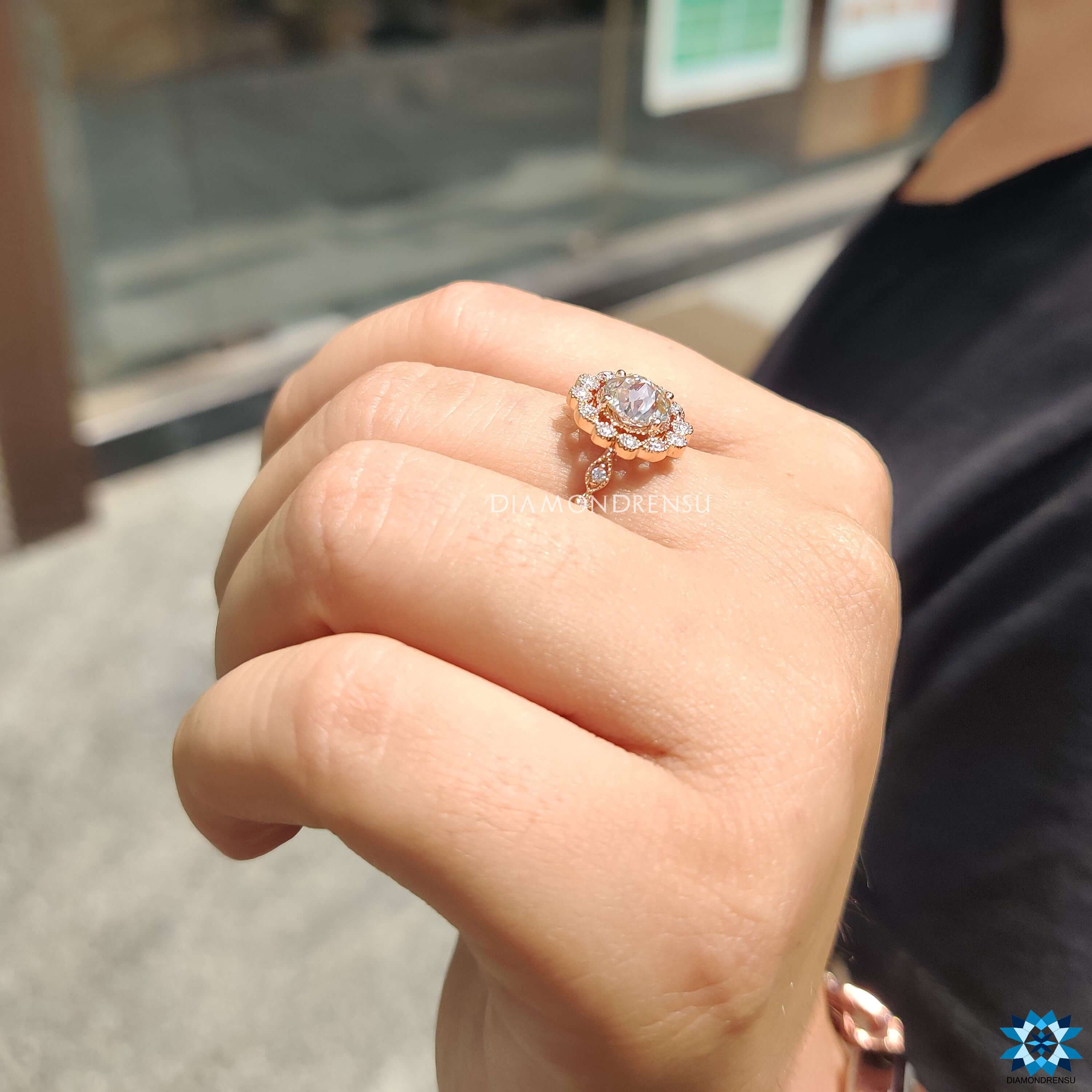 Diamondrensu UK rose gold Jubilee cut engagement ring.